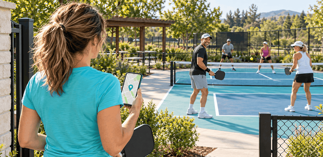 A player checks a map on her phone beside a local pickleball court where four players enjoy doubles.