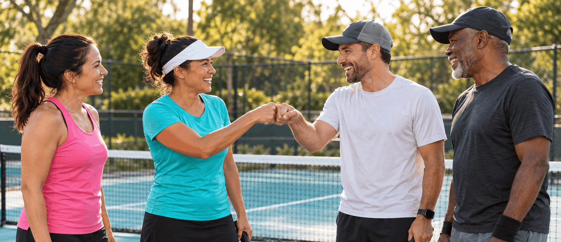 Four pickleball players smiling and exchanging a friendly fist bump on the court.