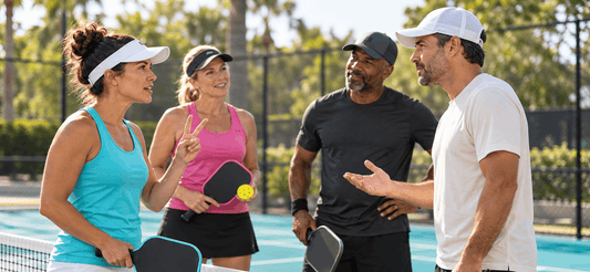Pickleball players discussing the score at the net to resolve a scoring dispute.