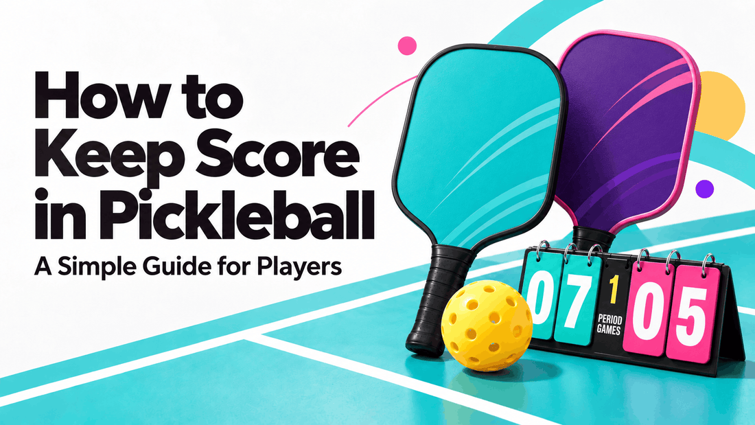 Graphic text How To Keep Score in Pickleball with 2 paddles beside it colored turquoise and purple on a turquoise pickleball court with yellow ball and a score of 07 and 05
