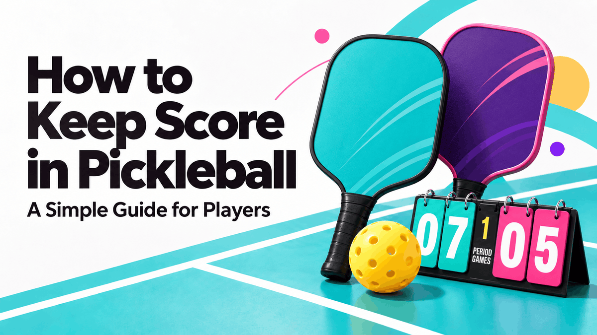 Graphic text How To Keep Score in Pickleball with 2 paddles beside it colored turquoise and purple on a turquoise pickleball court with yellow ball and a score of 07 and 05