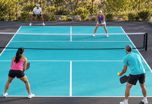 Doubles pickleball players positioned for the start of a serve