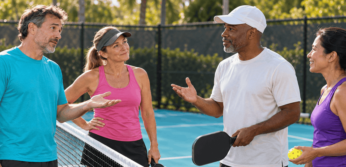 Pickleball players discussing the score during a doubles match