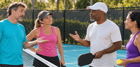 Pickleball players discussing the score during a doubles match