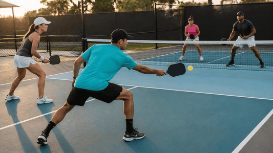 Pickleball players competing during a rally-scored game